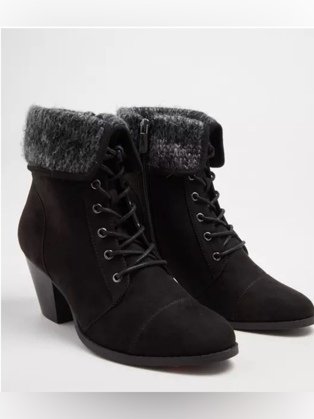TORRID Black Lace-Up Ankle Boots with Gray Knit Sweater Cuff Size 12 NIB